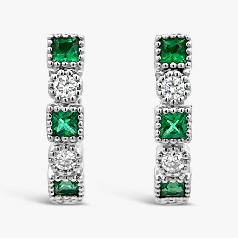 Ladies Earrings Petite Glow-Emerald & Diamond Bead Design U-Hoop Earrings