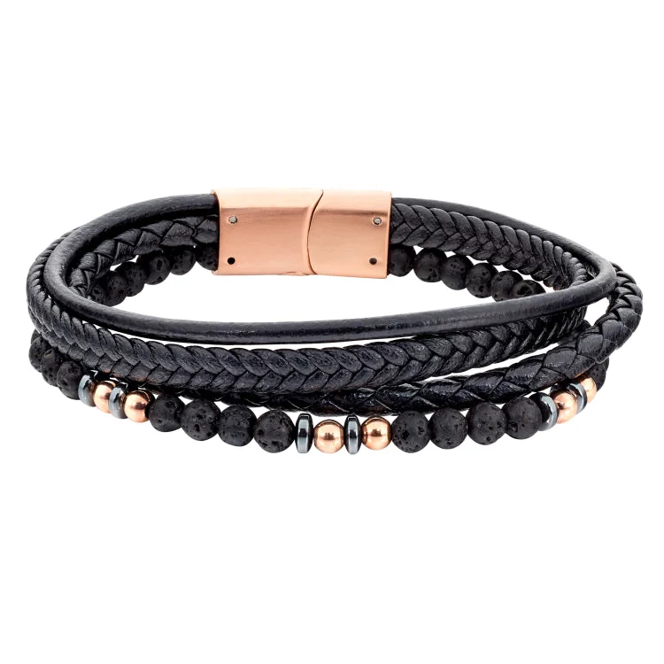 Galaxy swirl bracelets -Black Leather 4 Cord Bracelet With Rose Gold And Black Beads