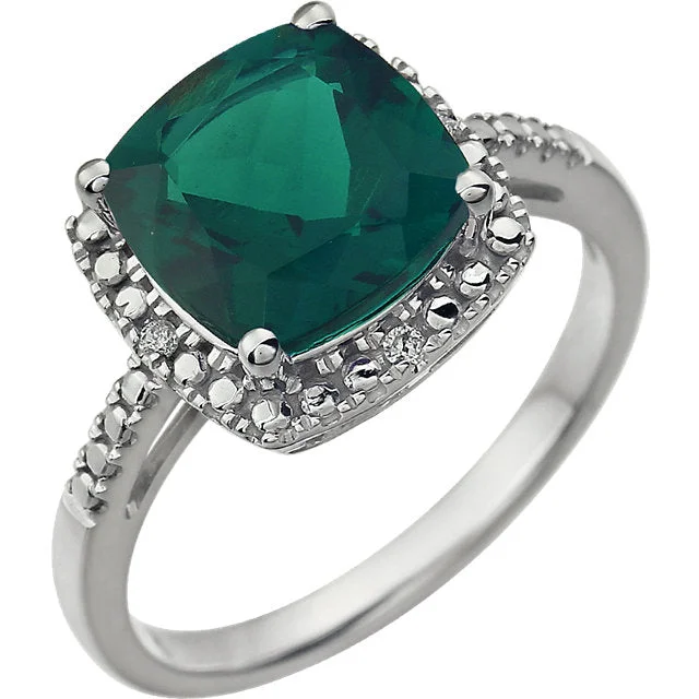 Ladies Rings with Sea Aquamarine-14k White Gold 9mm Cushion Cut Created Emerald & Diamond Halo-Style Ring