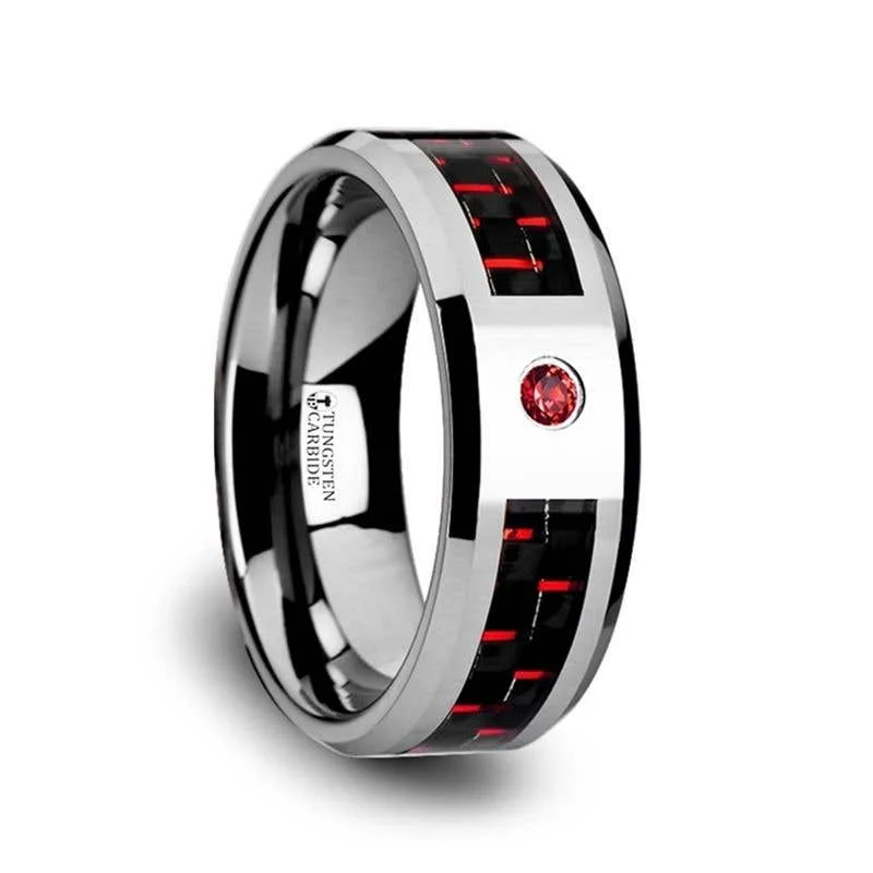 Ladies Rings for Travel Spark-Thorsten ADRIAN Tungsten Carbide Ring with Black and Red Carbon Fiber and Red Ruby Setting with Bevels - 8mm