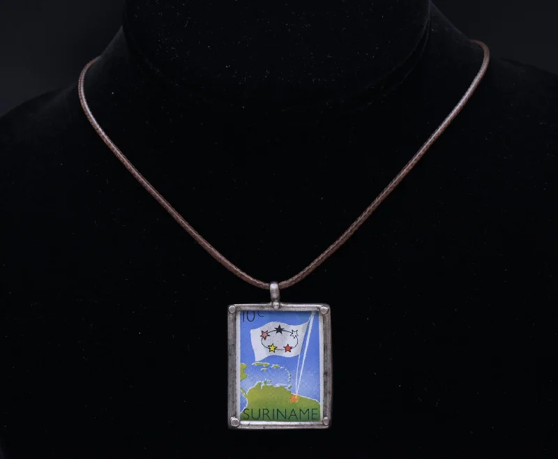 Ladies dazzling Swarovski necklaces -Vintage 1960 Suriname Stamp Sterling Silver Pendant Necklace