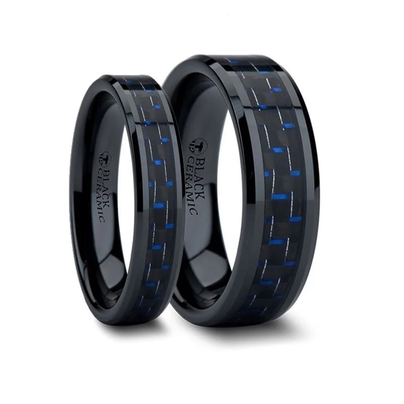 Ladies Rings Unique Glow-Thorsten AVITUS Black Beveled Ceramic Ring w/ Blue & Black Carbon Fiber Inlay 4-10mm