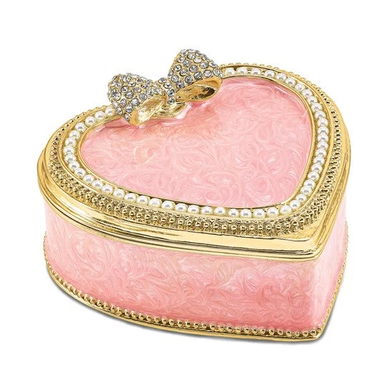 Ladies Rings with Sea Aquamarine-Bejeweled Pearls and Crystals 'Pearly Pink Heart" Ring Pad Trinket Box