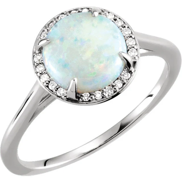 Ladies Rings for Science Glow-14k Gold 8mm Round Genuine Australian Opal & .05 CTW Diamond Halo Ring