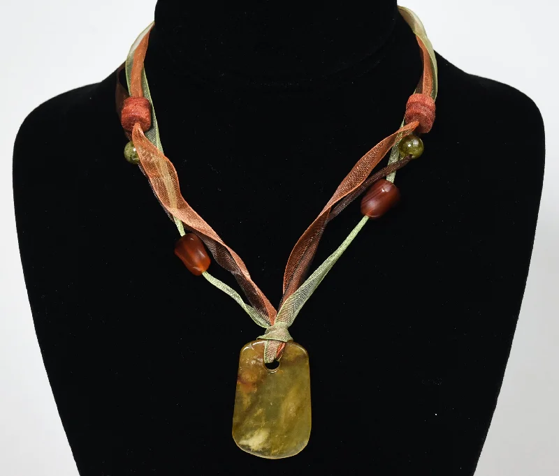 Ladies confident shine necklaces -Yellow Jade, Citrine, Carnelian, Red Coral Pendant Ribbon Necklace