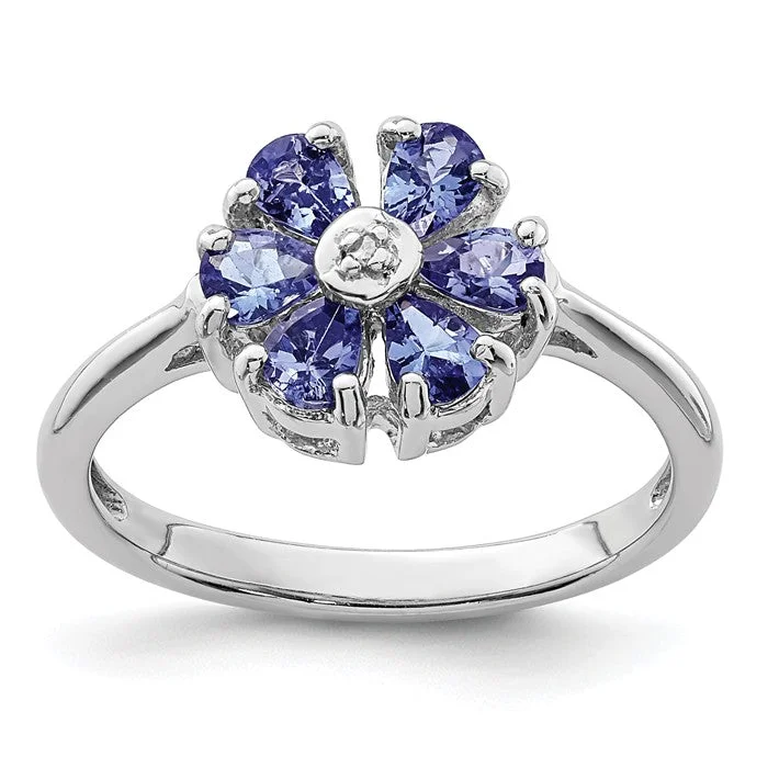 Ladies Rings with Blue Shattuckite-Sterling Silver Genuine Tanzanite And Diamond Flower Ring