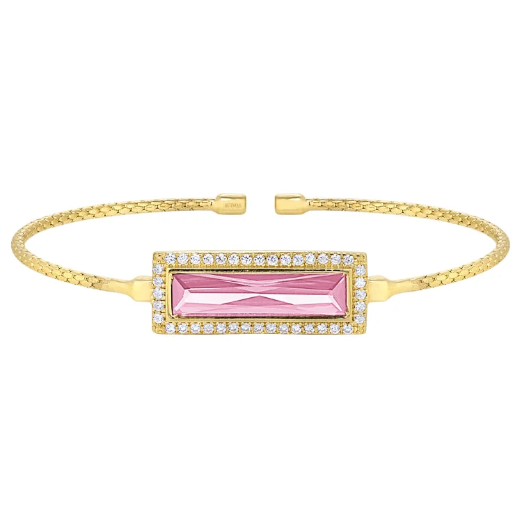 Crisp geometric bracelets -Gold Finish Sterling Silver Cable Cuff Bracelet with Rectangular Simulated Pink Sapphire Stone and Simulated Diamonds