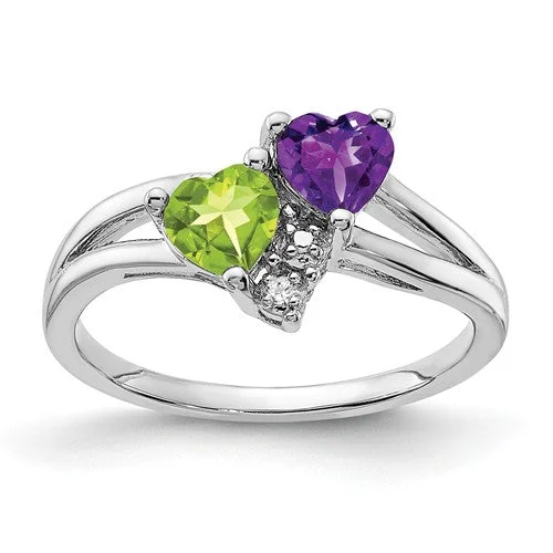 Ladies Rings Pure Glow-Sterling Silver Amethyst Peridot Double Heart and Diamond Accent Ring