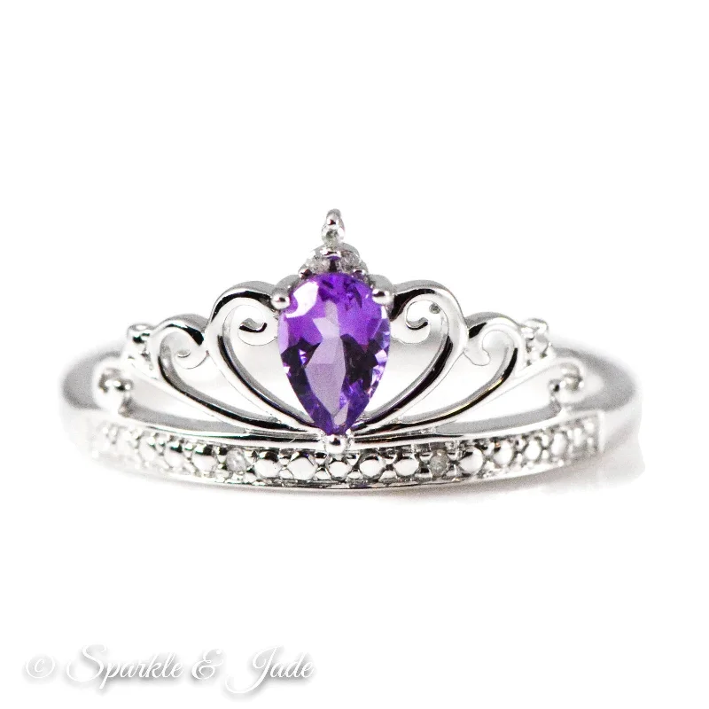 Ladies Rings with Lavender Lepidolite-Sterling Silver Teardrop Pear Amethyst and Diamond Crown Ring