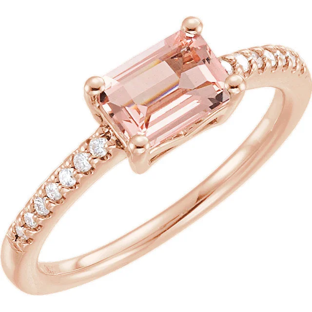 Ladies Rings with Crystal Glow-14k Rose Gold Rectangular Octagon Morganite & 1/10 CTW Diamond Ring