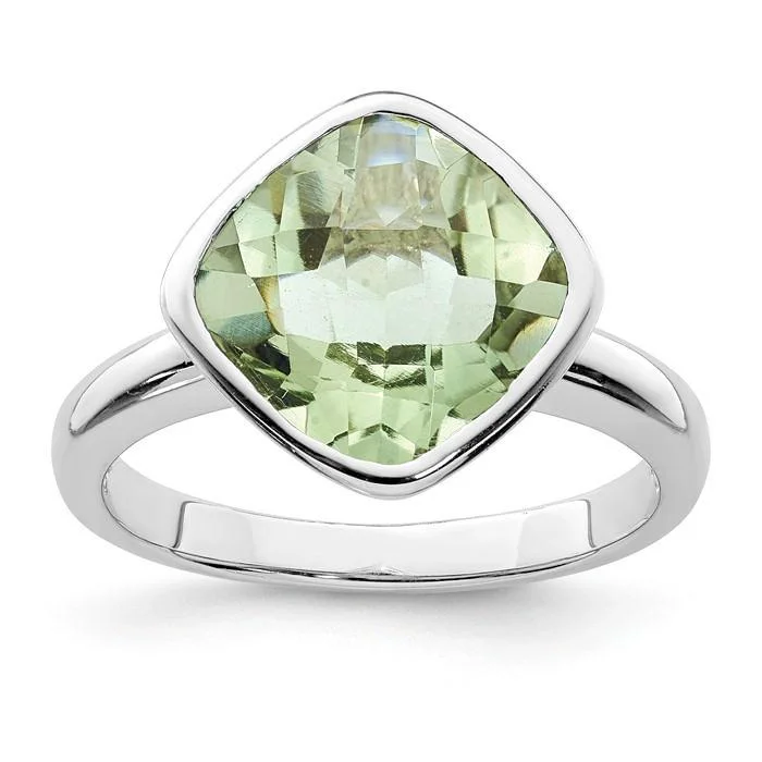 Ladies Rings with Green Rosasite-Sterling Silver Bezel Set Cushion Green Quartz Prasiolite Ring