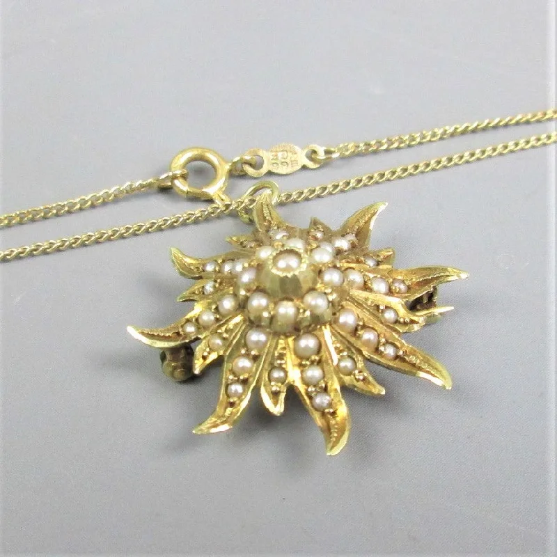 Ladies inspiring gleam necklaces -14K Yellow Gold & Seed Pearl Sunburst Pendant Necklace Antique Art Deco c1930