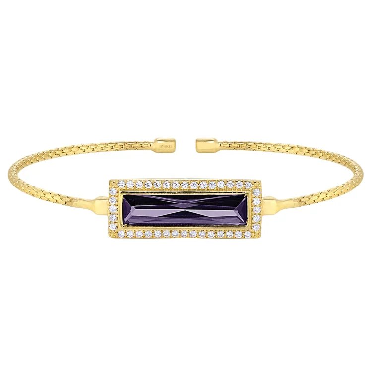 Woven craft bracelets -Gold Finish Sterling Silver Cable Cuff Bracelet with Rectangular Simulated Amethyst Stone and Simulated Diamonds