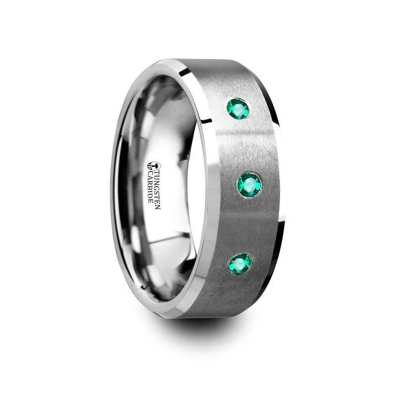 Ladies Engagement Rings with Jeremejevite Shine-Thorsten ICARUS 3 Emerald Brushed Tungsten Wedding Ring with Polished Beveled Edges - 8mm