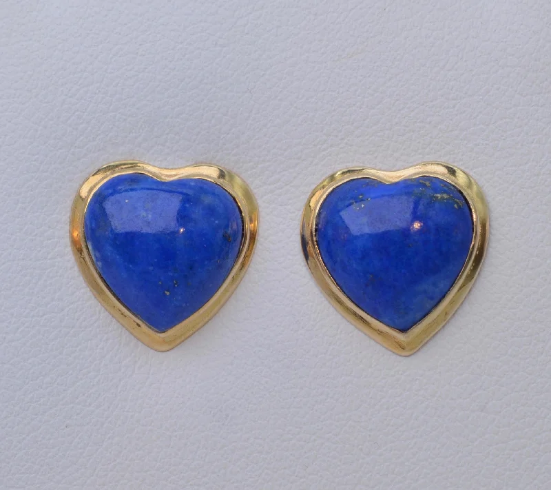 Ladies Earrings with Cyan Euclase-Lapis Lazuli Heart-Shaped Earrings in 14K Yellow Gold