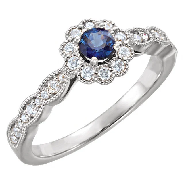 Ladies Rings with Crimson Zincite-14k Gold Round Blue Sapphire & 1/3 CTW Diamond Ring