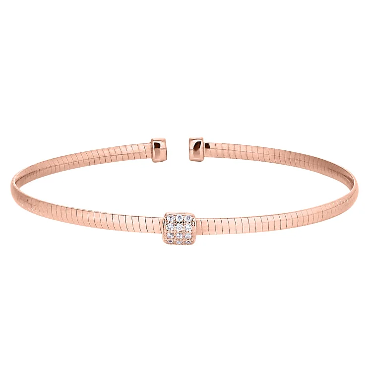 Muted tone bracelets -Rose Gold Finish Sterling Silver Omega Cable Cuff Bracelet with Central Square with Simulated Diamonds