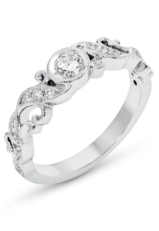 Ladies Engagement Rings with Danburite Shine-14k White Gold Diamond Bezel Filigree Engagement or Promise Ring