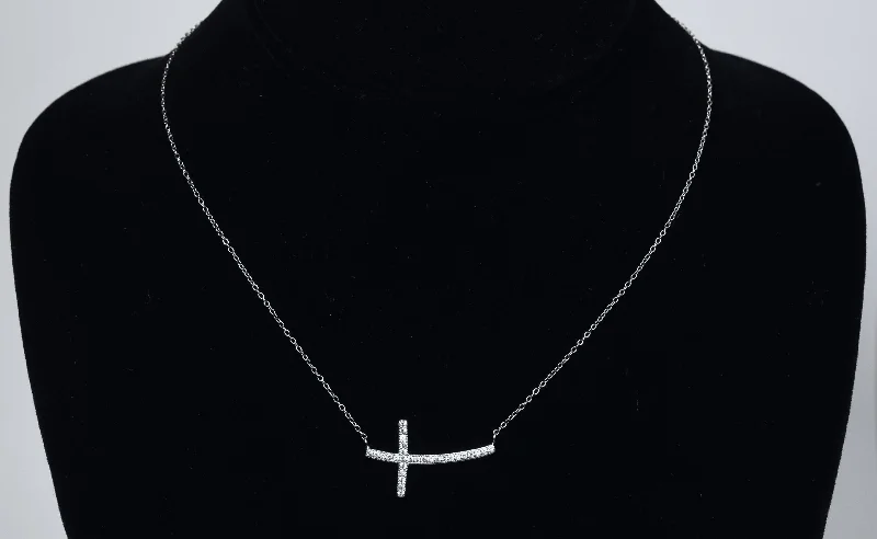 Ladies radiant pulse necklaces -Sterling Silver Curved Crystal Cross Necklace