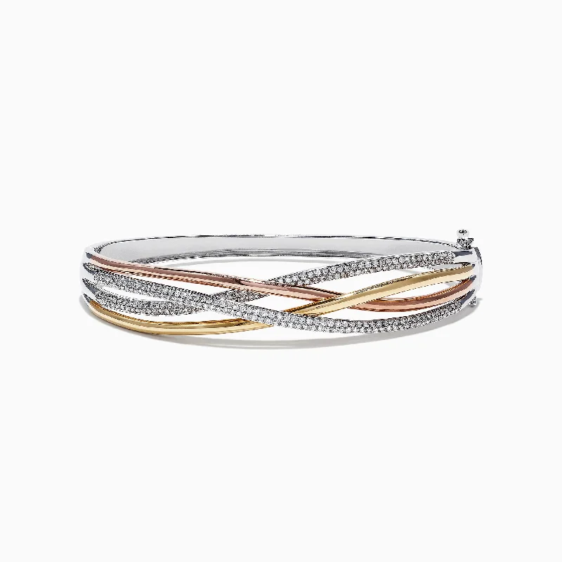 Shimmering silver bracelets -Trio 14K Tri-Color Gold Diamond Crossover Bangle, 1.03 TCW