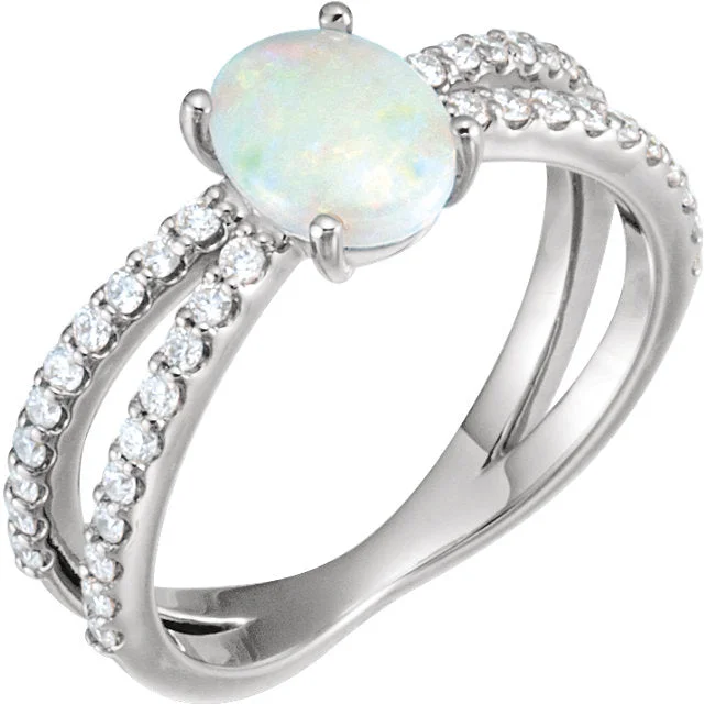 Ladies Rings with Anchor Shine-14k Gold Australian Opal X Band Diamond Ring - White, Rose or Yellow