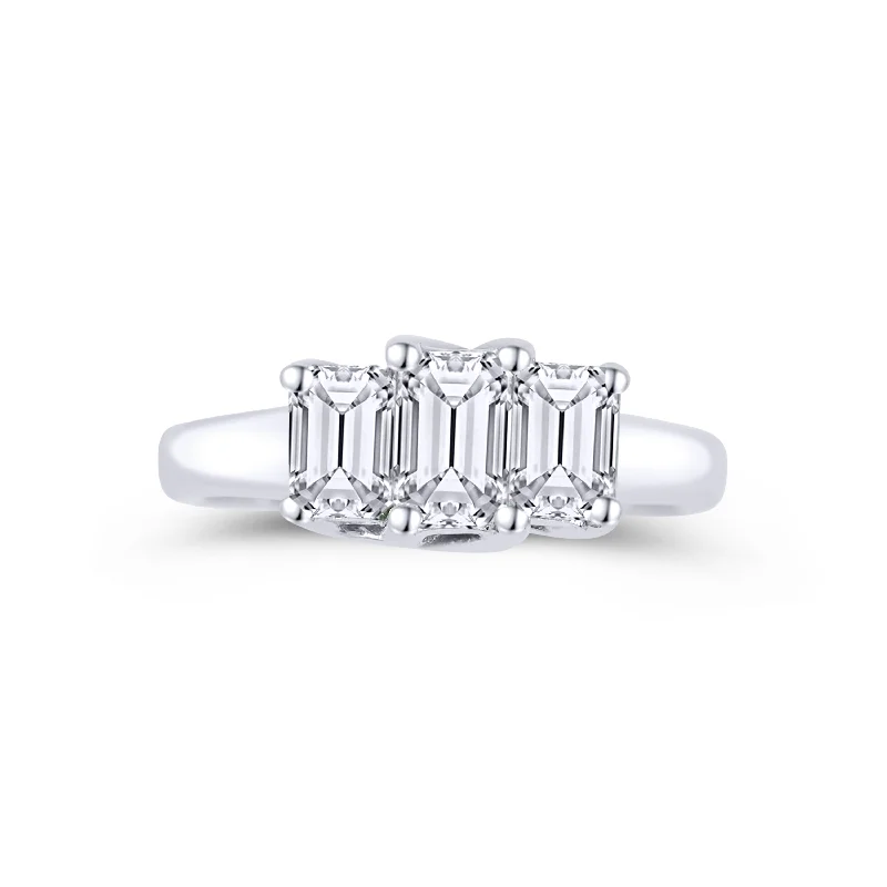 Ladies Engagement Rings with Sapphire Shine-18K White Gold Three Emerald Cut Diamond Engagement Ring 0.80 Carat Center Diamond 0.62 Carat Emerald Diamond on each Side