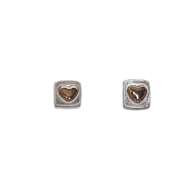 Ladies Earrings with Hex Spark-Pom Silver Finish Square Studs with Gold Hearts Earrings