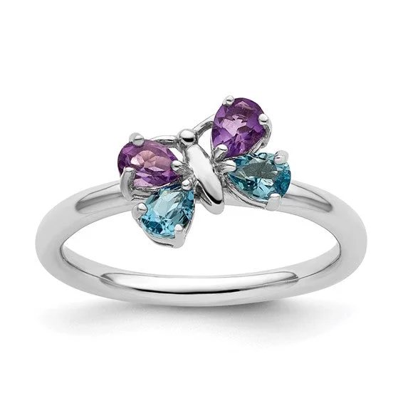 Ladies Rings for Office Shine-Sterling Silver Stackable Expressions Blue Topaz & Amethyst Butterfly Ring