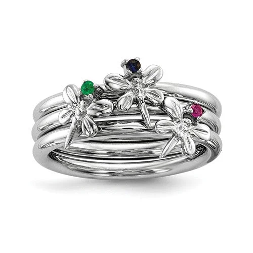 Ladies Rings with Compass Glow-Sterling Silver Blue Sapphire, Ruby and Emerald Dragonfly Set of 3 Rings