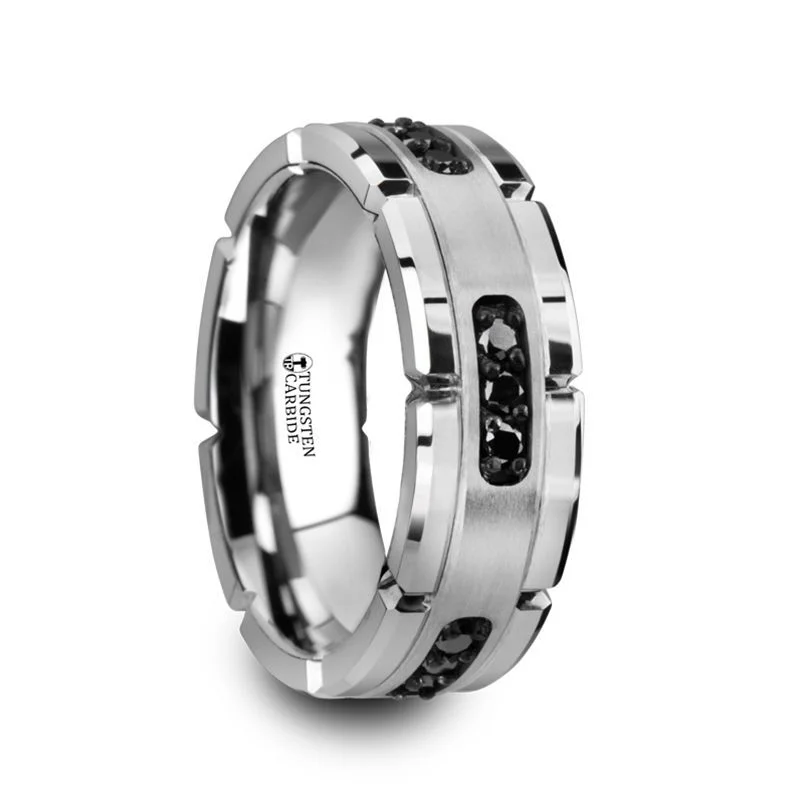 Ladies Rings Matte Spark-Thorsten VALOR Grooved Tungsten Ring with Silver Inlay & Black Diamonds - 8mm Band