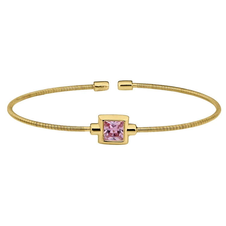 Dramatic statement bracelets -Gold Finish Sterling Silver Cable Cuff Bracelet with Princess Cut Simulated Pink Sapphire Birth Gem