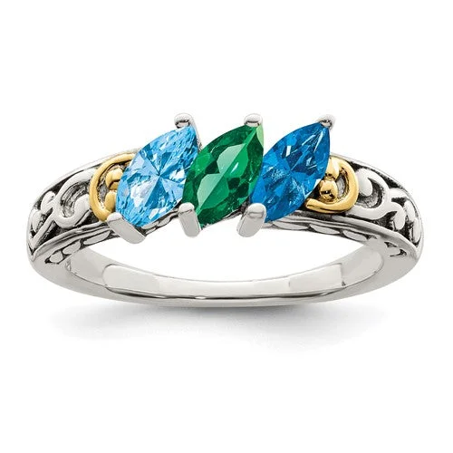 Ladies Rings Wide Glow-Sterling Silver & 14k Mother's Family Marquise Birthstone Ring