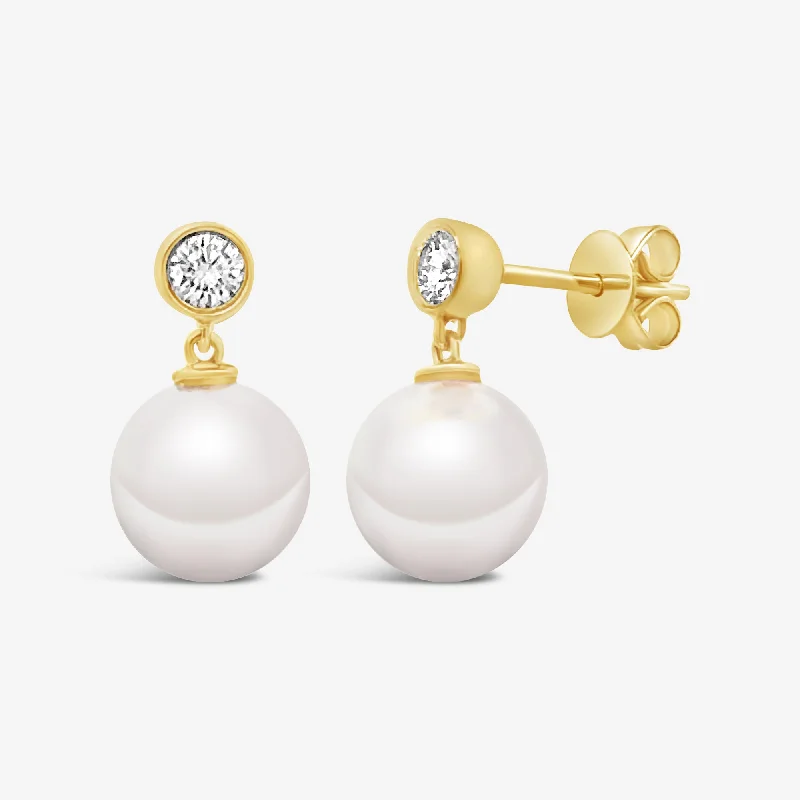 Ladies Earrings with Yellow Herderite-Bezel Diamond and Pearl Drop Earrings