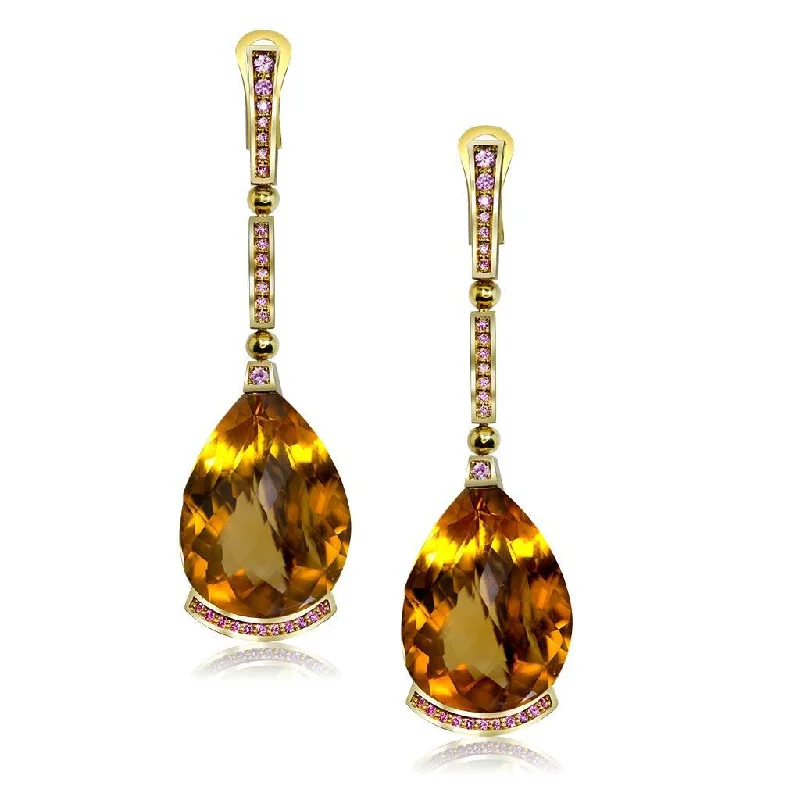 Ladies Earrings with Globe Glow-Gold Swan Drop Earrings with Honey Citrine & Sapphires