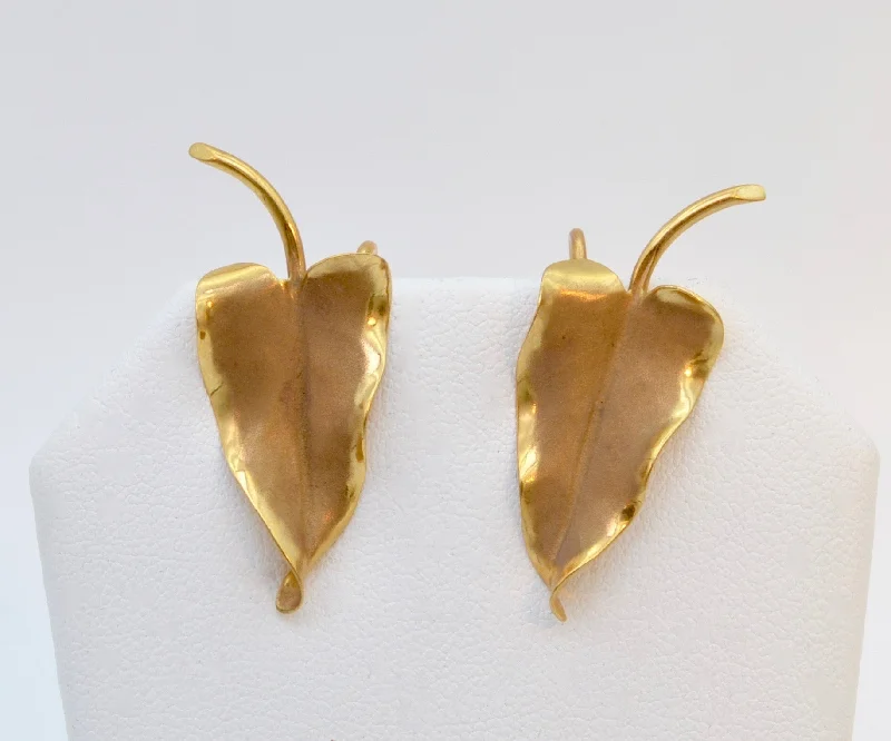 Ladies Earrings with Oval Glow-14K Art Nouveau-style Leaf Earrings