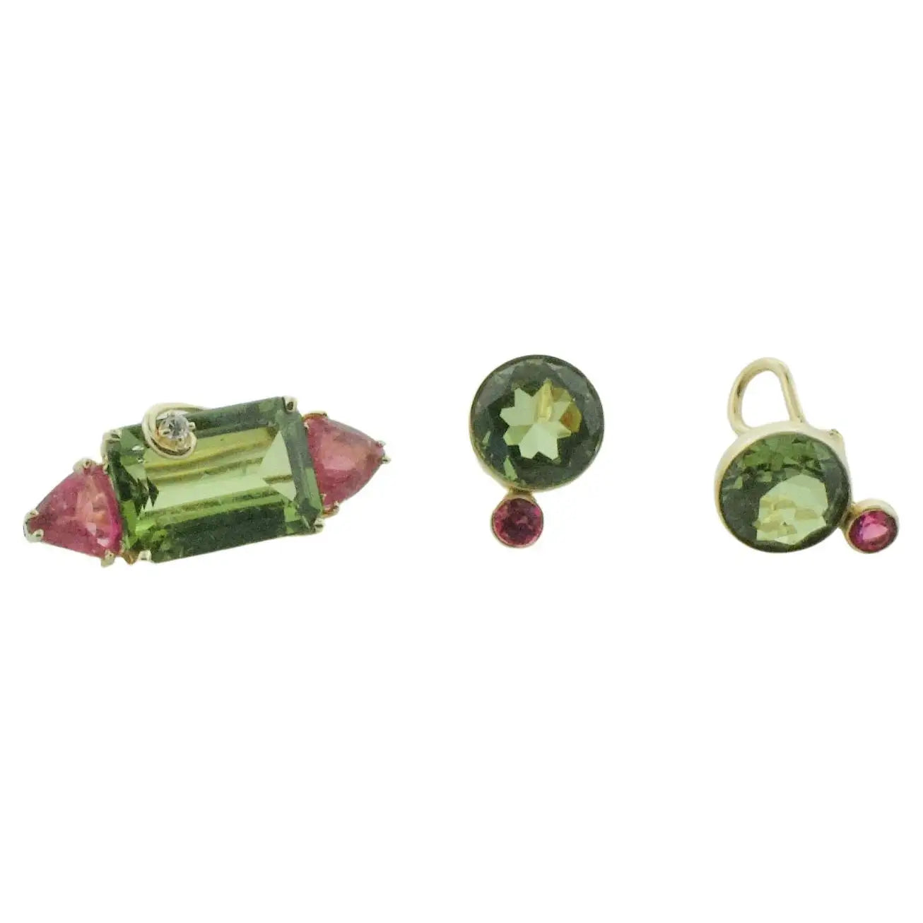 Ladies Earrings with White Thaumasite-Peridot and Tourmaline Brooch and Earrings Set