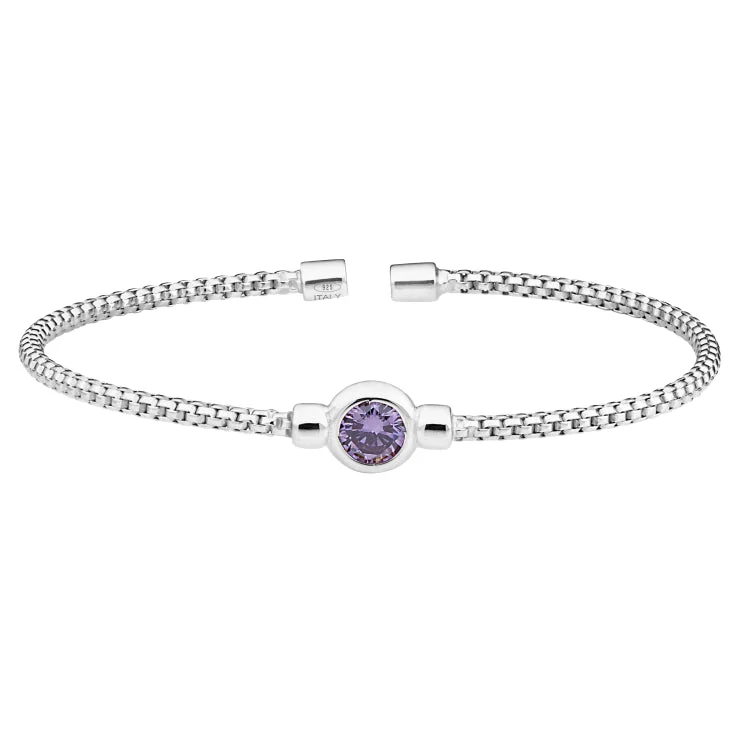 Valentine’s passion bracelets -Rhodium Finish Sterling Silver Rounded Box Link Cuff Bracelet with Bezel Set Simulated Light Amethyst Birth Gem