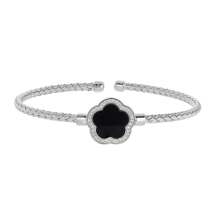 Substantial heavy bracelets -Rhodium Finish Sterling Silver Basketweave Cable Cuff  Bracelet with a Flower Shaped Onyx Stone and Simulated Diamonds