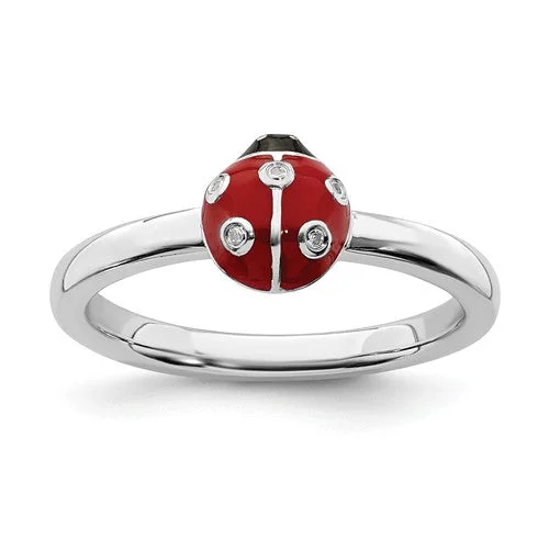 Ladies Rings with Square Glow-Sterling Silver Stackable Expressions Red & Black LadyBug Diamond Ring