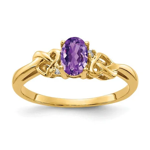 Ladies Rings for Girl Spark-14k Yellow Gold 6x4mm Oval Amethyst and AA Diamond Heart Knot Side Ring