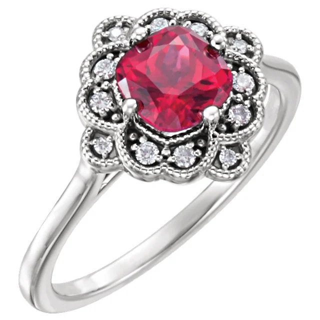 Ladies Rings Simple Shine-14k White Gold Cushion Lab Created Ruby & 1/10 CTW Diamond Floral Halo Ring