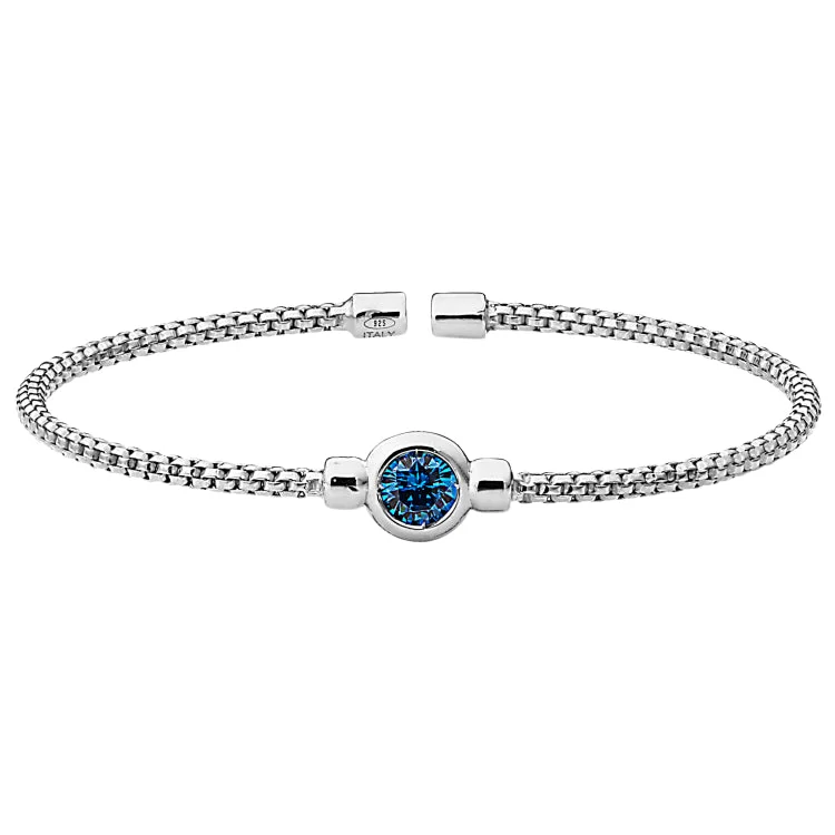 Soaring bird bracelets -Rhodium Finish Sterling Silver Rounded Box Link Cuff Bracelet with Bezel Set Simulated Blue Topaz Birth Gem