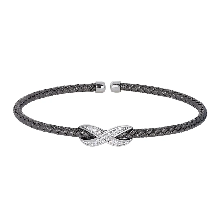 Whimsical butterfly bracelets -Black Rhodium Finish Sterling Silver Basketweave Cable Cuff  Bracelet with Rhodium Finish Infititry With Simualated Diamonds