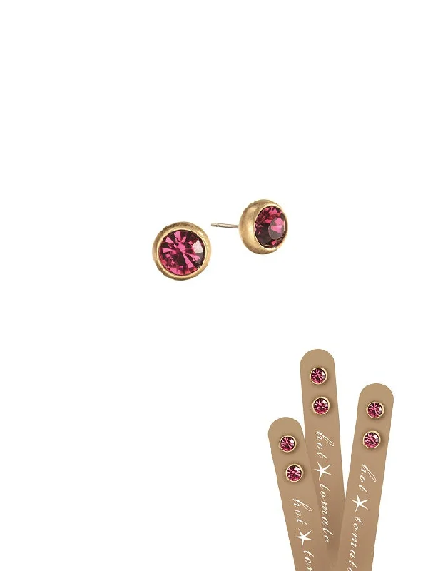 Ladies Earrings with Blue Dumortierite-Hot Tomato Rub-Over Style Stud Earrings -  Worn Gold/Fuchsia