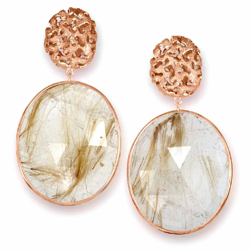 Ladies Earrings for Music Glow-Rose Gold Moneta Drop Earrings with Rutilated Quartz