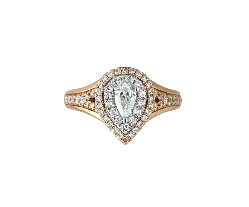 Ladies Engagement Rings Floral Spark-1.00ctw Pear and Round Diamond Double Frame Engagement Ring in 14K