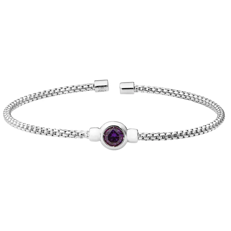 Forest hush bracelets -Rhodium Finish Sterling Silver Rounded Box Link Cuff Bracelet with Bezel Set Simulated Amethyst Birth Gem