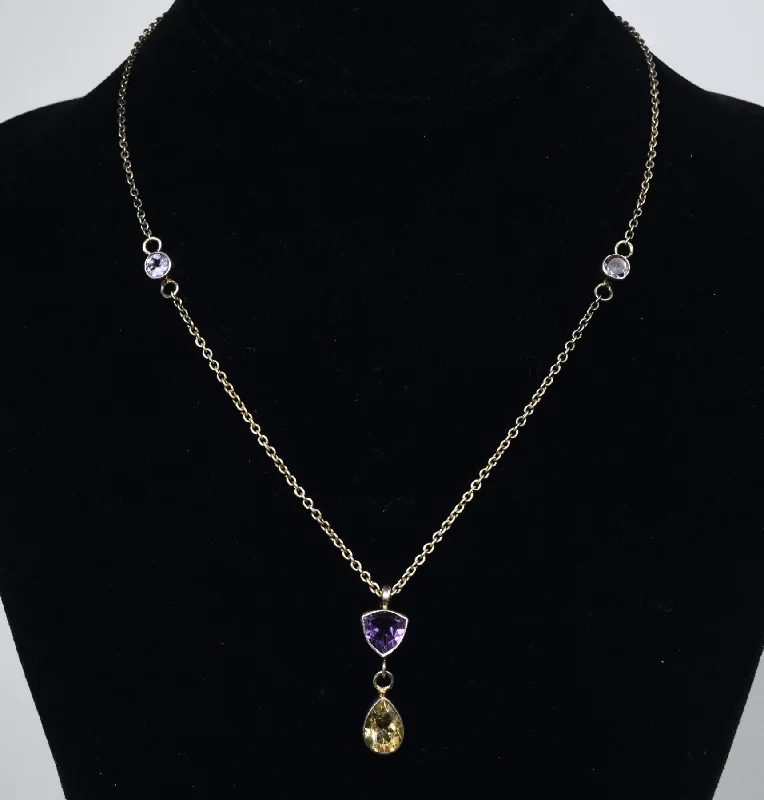 Ladies weathered patina necklaces -Vintage Sterling Silver Amethyst and Citrine Chain Necklace