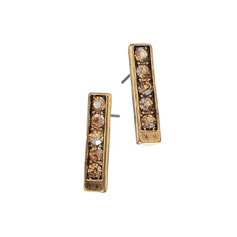 Ladies Earrings with Blue Shattuckite-Hot Tomato Antique Gold Totem Studs with Five Champagne Crystals Earrings