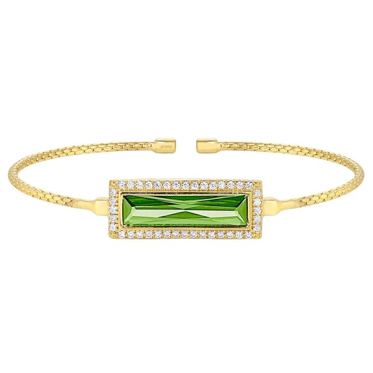 Vivid painted bracelets -Gold Finish Sterling Silver Cable Cuff Bracelet with Rectangular Simulated Peridot Stone and Simulated Diamonds